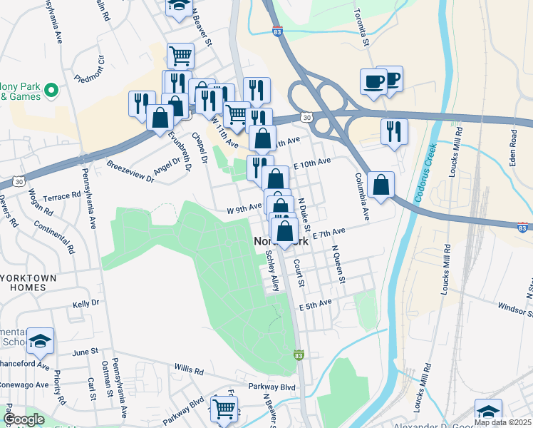 map of restaurants, bars, coffee shops, grocery stores, and more near 1206 North George Street in York