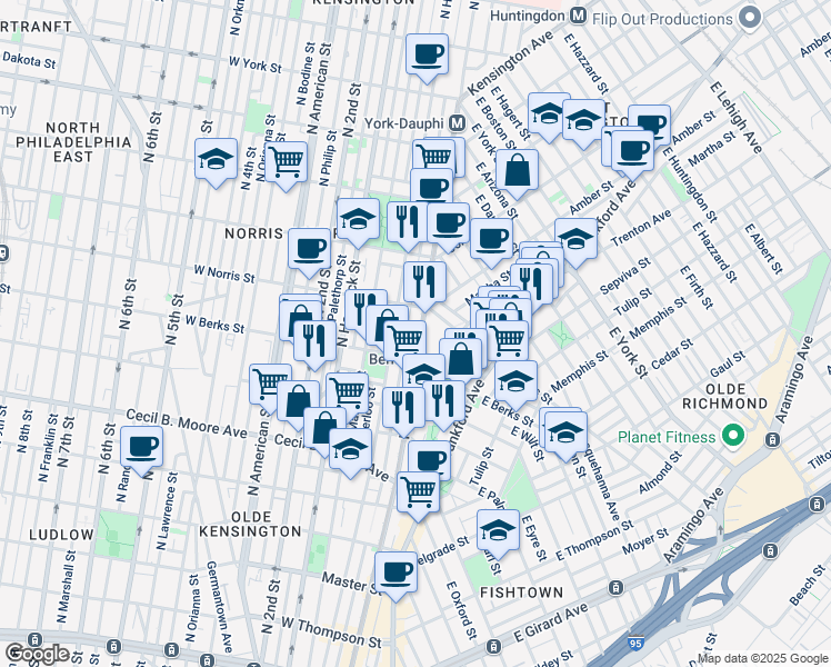 map of restaurants, bars, coffee shops, grocery stores, and more near 1936 North Front Street in Philadelphia