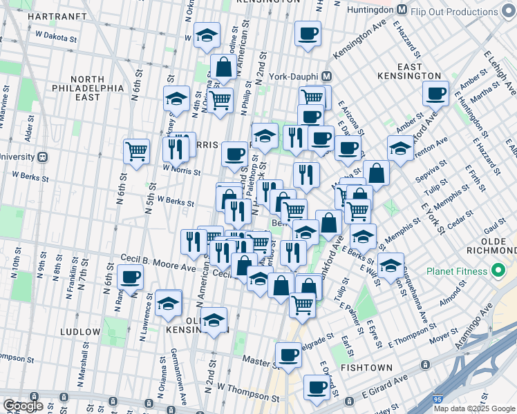 map of restaurants, bars, coffee shops, grocery stores, and more near 1903 North Hancock Street in Philadelphia