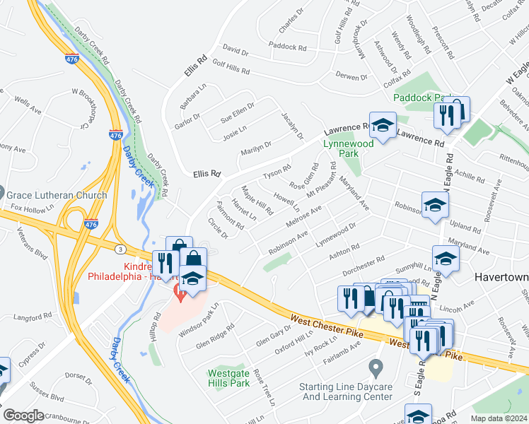 map of restaurants, bars, coffee shops, grocery stores, and more near 480 Maple Hill Road in Havertown