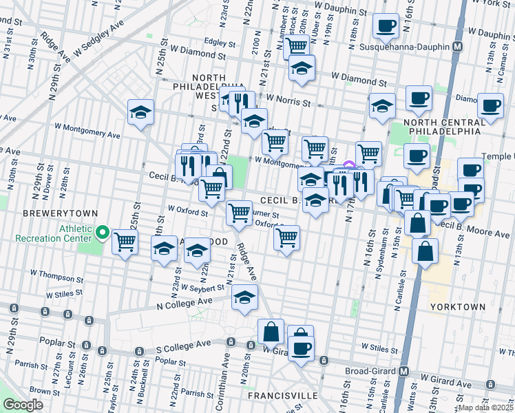 map of restaurants, bars, coffee shops, grocery stores, and more near 2024 Nicholas Street in Philadelphia