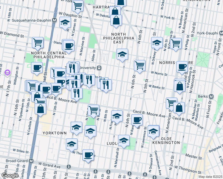 map of restaurants, bars, coffee shops, grocery stores, and more near 1829 North 8th Street in Philadelphia