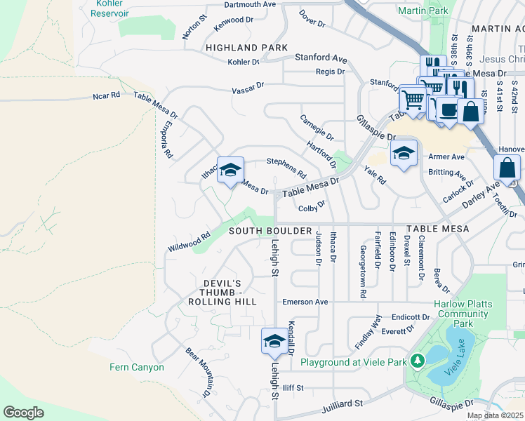 map of restaurants, bars, coffee shops, grocery stores, and more near 2650 Table Mesa Drive in Boulder