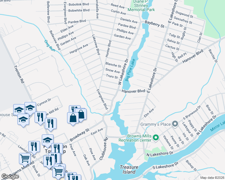 map of restaurants, bars, coffee shops, grocery stores, and more near 126 Hanover Boulevard in Pemberton Township