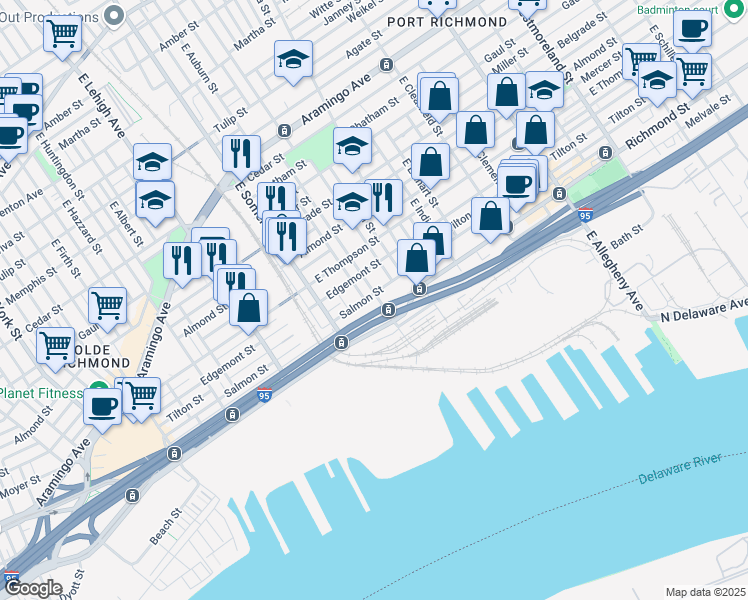 map of restaurants, bars, coffee shops, grocery stores, and more near 2722 East Cambria Street in Philadelphia
