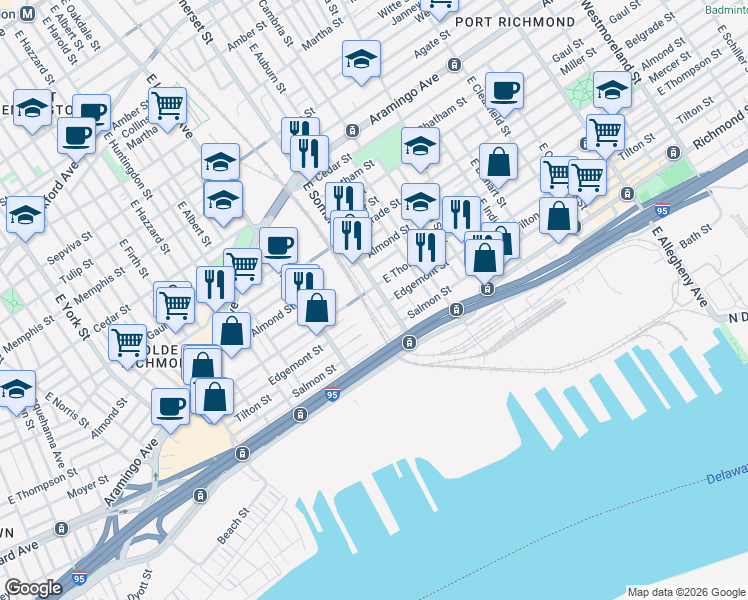 map of restaurants, bars, coffee shops, grocery stores, and more near 2641 East Seltzer Street in Philadelphia