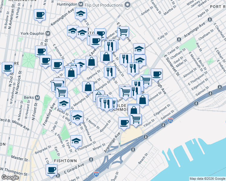 map of restaurants, bars, coffee shops, grocery stores, and more near 2401 East Letterly Street in Philadelphia