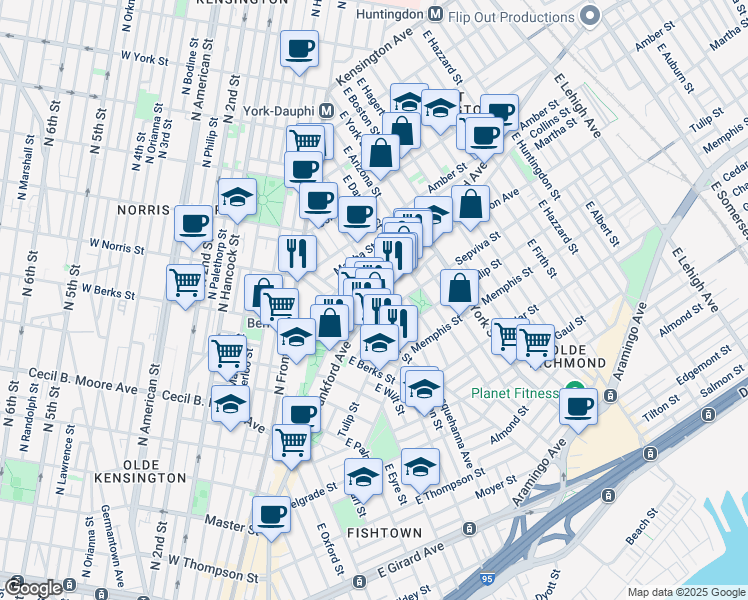 map of restaurants, bars, coffee shops, grocery stores, and more near 2028 Blair Street in Philadelphia
