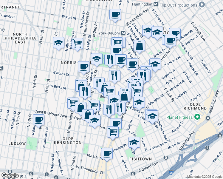 map of restaurants, bars, coffee shops, grocery stores, and more near 1924 North Front Street in Philadelphia