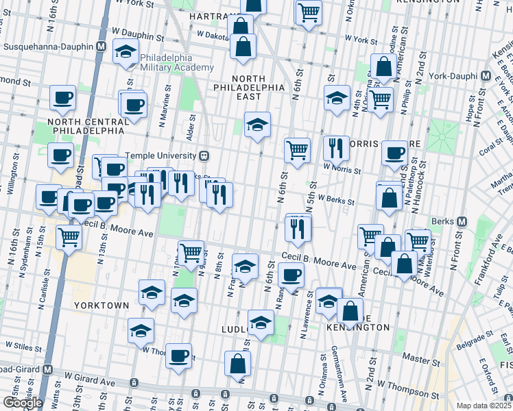 map of restaurants, bars, coffee shops, grocery stores, and more near 1809 North Franklin Street in Philadelphia