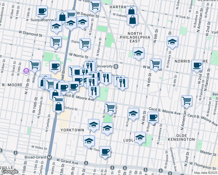 map of restaurants, bars, coffee shops, grocery stores, and more near 1801 North 10th Street in Philadelphia