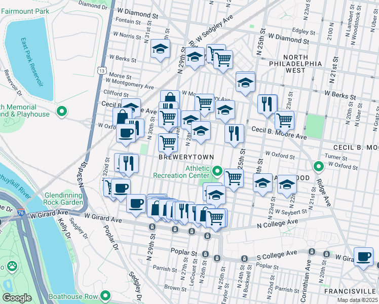 map of restaurants, bars, coffee shops, grocery stores, and more near in Philadelphia