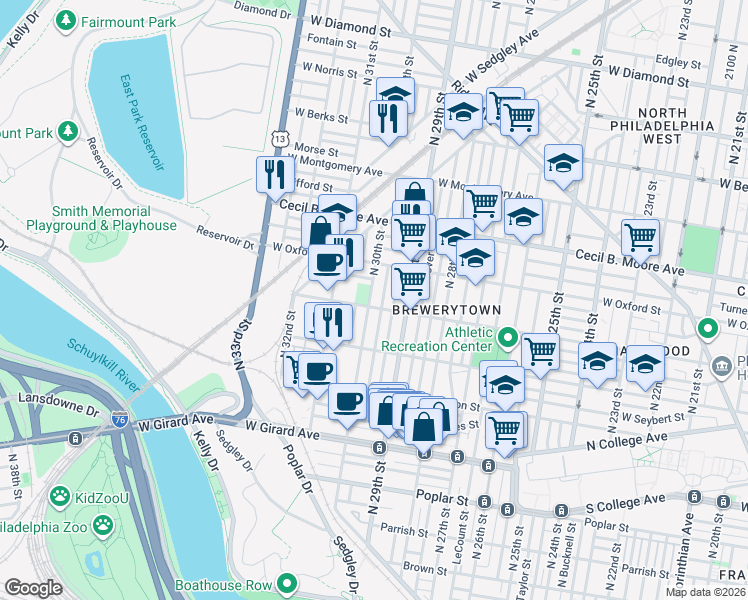 map of restaurants, bars, coffee shops, grocery stores, and more near 1509 North 30th Street in Philadelphia