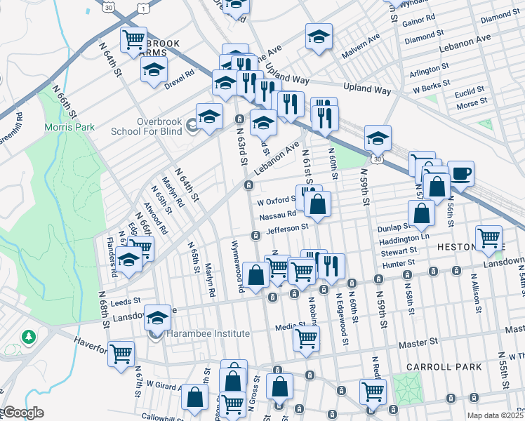 map of restaurants, bars, coffee shops, grocery stores, and more near 931 North 63rd Street in Philadelphia
