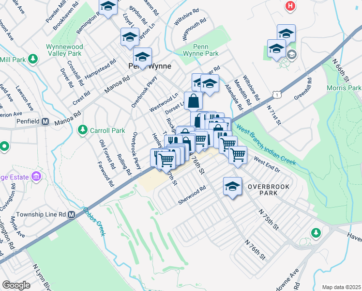 map of restaurants, bars, coffee shops, grocery stores, and more near 1455 City Avenue in Wynnewood