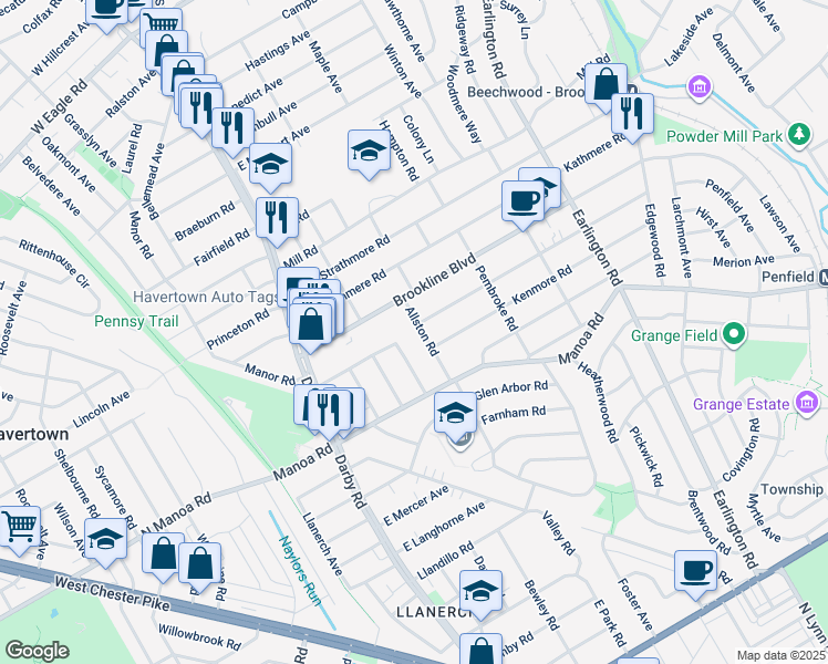 map of restaurants, bars, coffee shops, grocery stores, and more near 1118 Allston Road in Havertown
