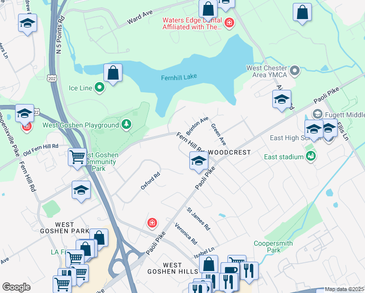 map of restaurants, bars, coffee shops, grocery stores, and more near 1103 Brinton Place Road in West Chester