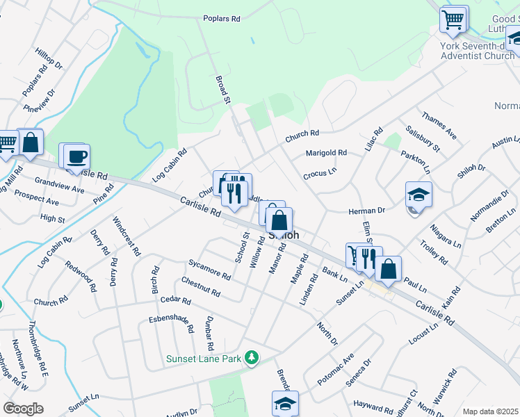 map of restaurants, bars, coffee shops, grocery stores, and more near 2130 School Street in York