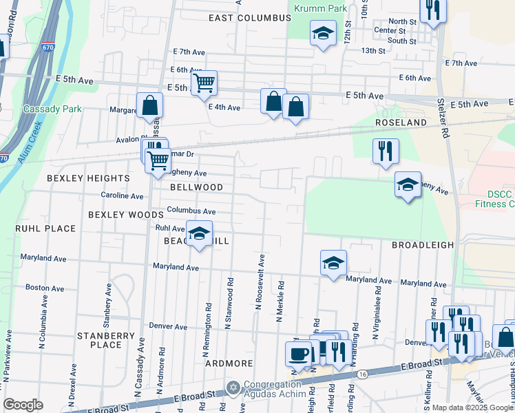 map of restaurants, bars, coffee shops, grocery stores, and more near 2871 Bellwood Avenue in Columbus
