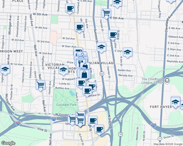 map of restaurants, bars, coffee shops, grocery stores, and more near in Columbus