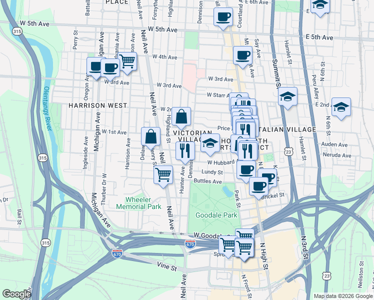 map of restaurants, bars, coffee shops, grocery stores, and more near 216 Wilber Avenue in Columbus