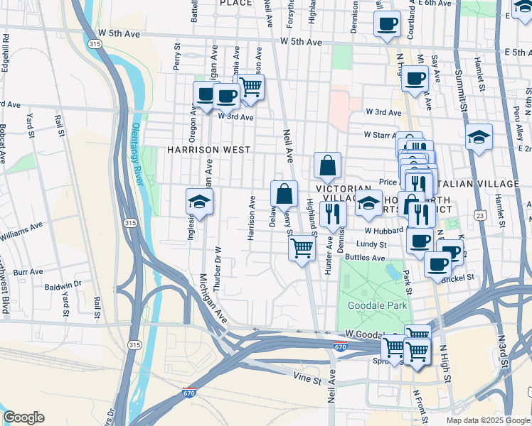 map of restaurants, bars, coffee shops, grocery stores, and more near 326 Wilber Avenue in Columbus