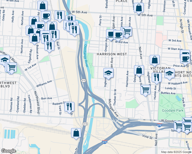 map of restaurants, bars, coffee shops, grocery stores, and more near 304 Perry Street in Columbus