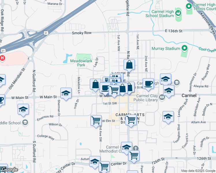 map of restaurants, bars, coffee shops, grocery stores, and more near 204 1st Street Southwest in Carmel