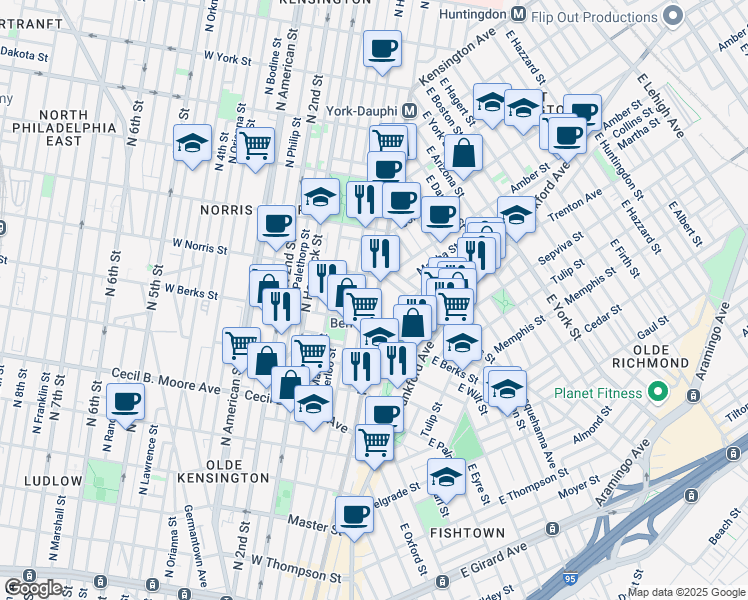 map of restaurants, bars, coffee shops, grocery stores, and more near 1924 North Front Street in Philadelphia