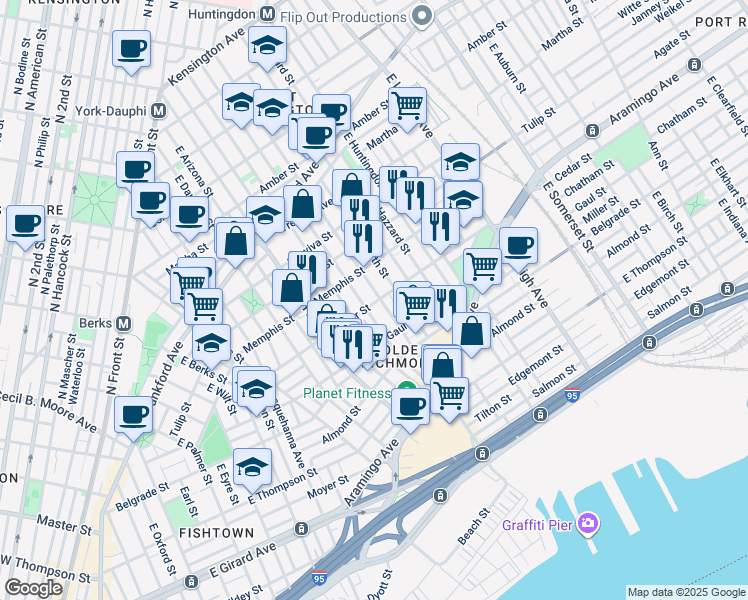 map of restaurants, bars, coffee shops, grocery stores, and more near 2370 East Cumberland Street in Philadelphia