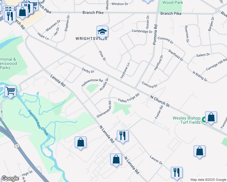 map of restaurants, bars, coffee shops, grocery stores, and more near 204 Shenandoah Road in Cinnaminson