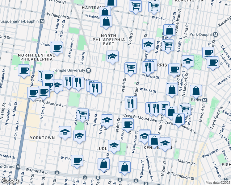 map of restaurants, bars, coffee shops, grocery stores, and more near 1824 North Marshall Street in Philadelphia