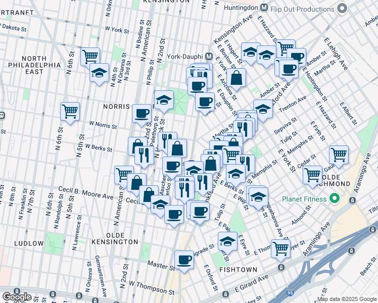 map of restaurants, bars, coffee shops, grocery stores, and more near 1936 North Front Street in Philadelphia