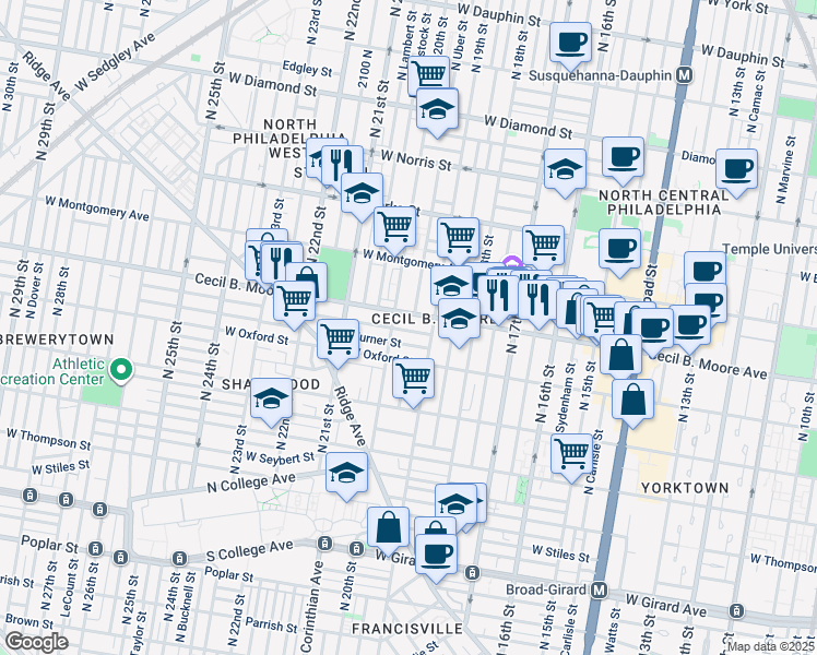 map of restaurants, bars, coffee shops, grocery stores, and more near 1933 Nicholas Street in Philadelphia