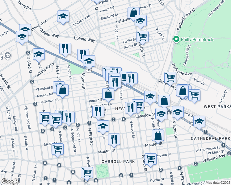 map of restaurants, bars, coffee shops, grocery stores, and more near 1755 North 57th Street in Philadelphia