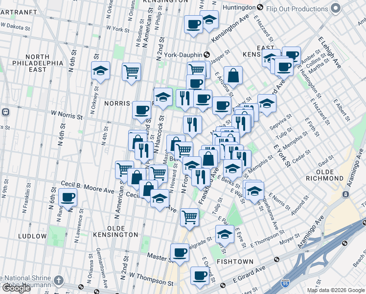 map of restaurants, bars, coffee shops, grocery stores, and more near 1936 North Front Street in Philadelphia