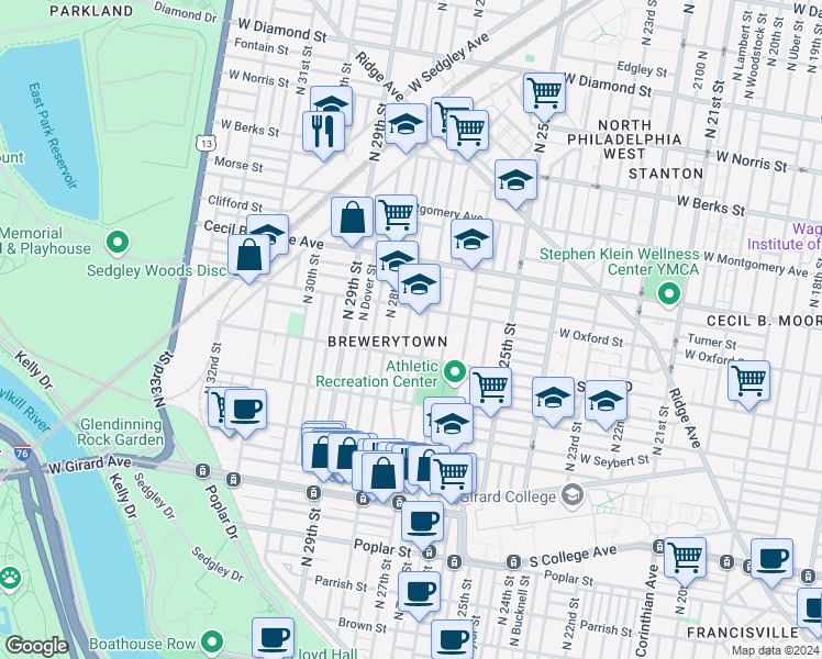 map of restaurants, bars, coffee shops, grocery stores, and more near 1539 North Marston Street in Philadelphia