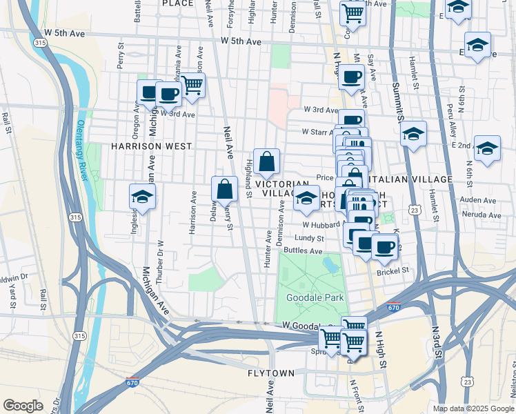 map of restaurants, bars, coffee shops, grocery stores, and more near 228 Wilber Avenue in Columbus