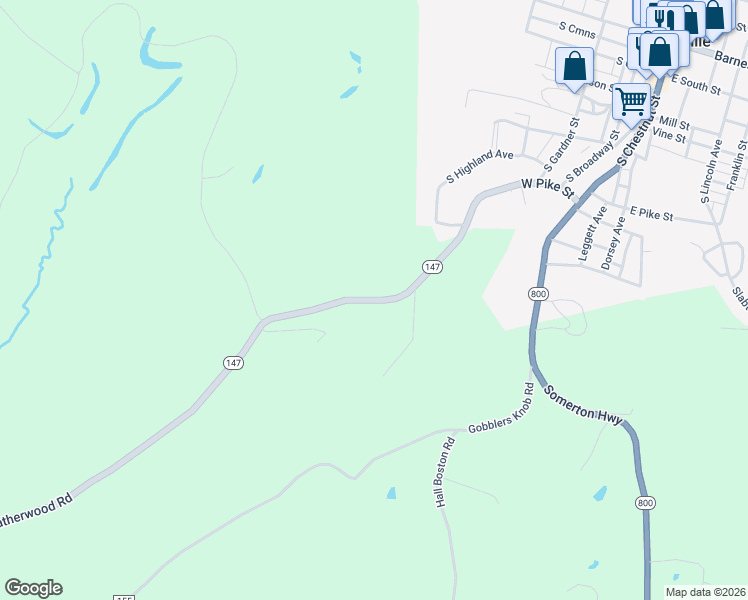 map of restaurants, bars, coffee shops, grocery stores, and more near South Leatherwood Road in Barnesville
