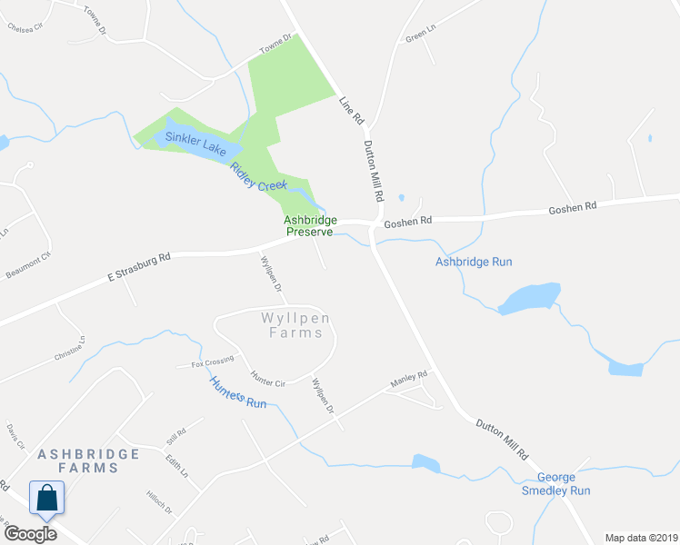 map of restaurants, bars, coffee shops, grocery stores, and more near 331 Ridley Creek Lane in West Chester