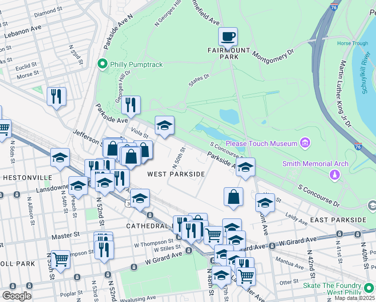 map of restaurants, bars, coffee shops, grocery stores, and more near 4952 Parkside Avenue in Philadelphia