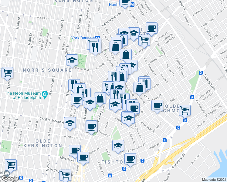 map of restaurants, bars, coffee shops, grocery stores, and more near 2032-34 Frankford Avenue in Philadelphia