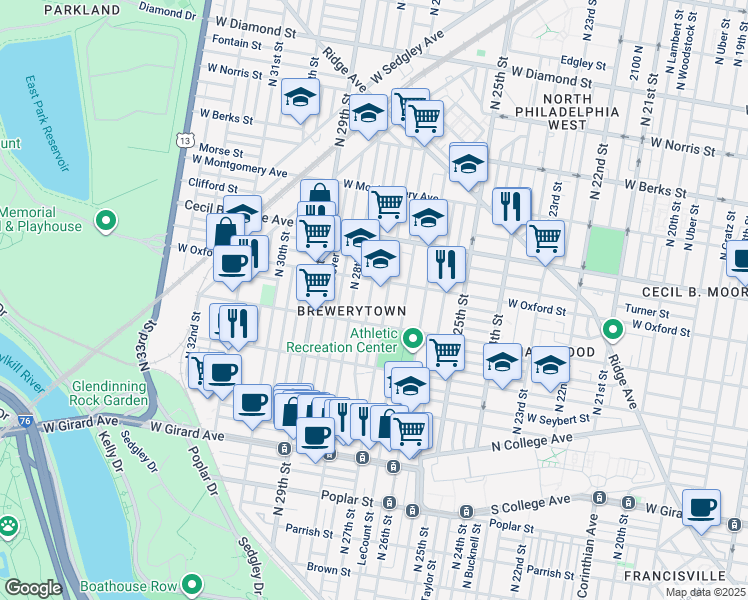 map of restaurants, bars, coffee shops, grocery stores, and more near 1539 North Marston Street in Philadelphia