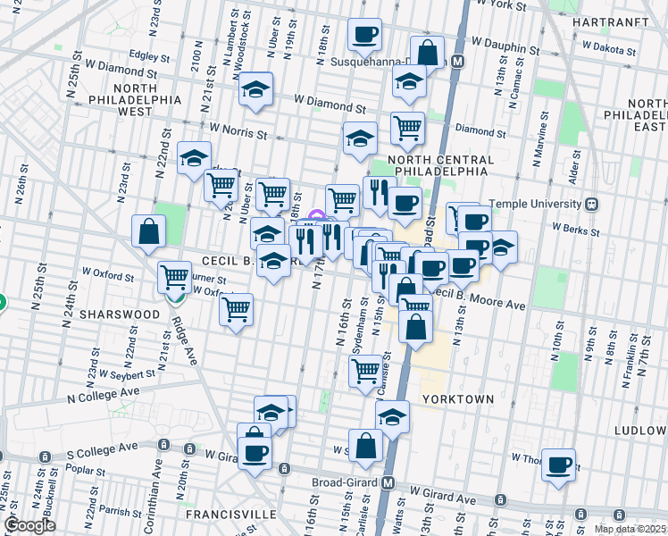 map of restaurants, bars, coffee shops, grocery stores, and more near 1621 Cecil B. Moore Avenue in Philadelphia