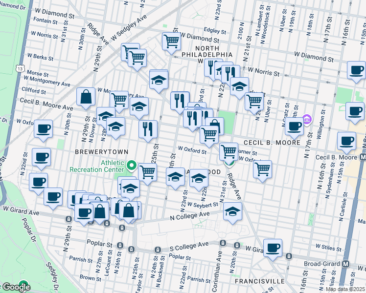 map of restaurants, bars, coffee shops, grocery stores, and more near 2327 West Oxford Street in Philadelphia