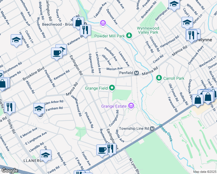 map of restaurants, bars, coffee shops, grocery stores, and more near 631 Ashurst Road in Havertown