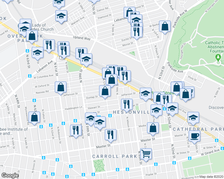 map of restaurants, bars, coffee shops, grocery stores, and more near 5610 Lancaster Avenue in Philadelphia