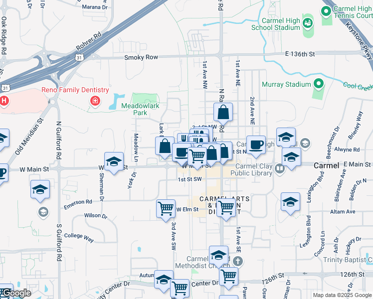 map of restaurants, bars, coffee shops, grocery stores, and more near 204 1st Street Southwest in Carmel
