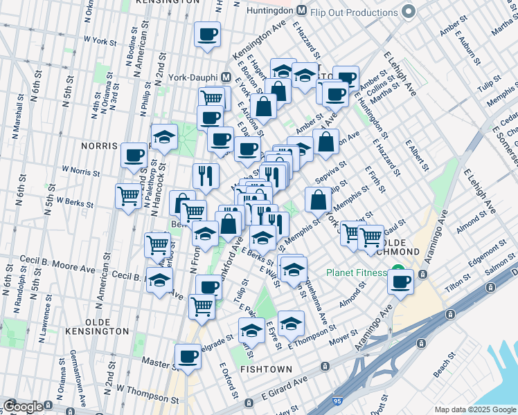 map of restaurants, bars, coffee shops, grocery stores, and more near 2032-34 Frankford Avenue in Philadelphia