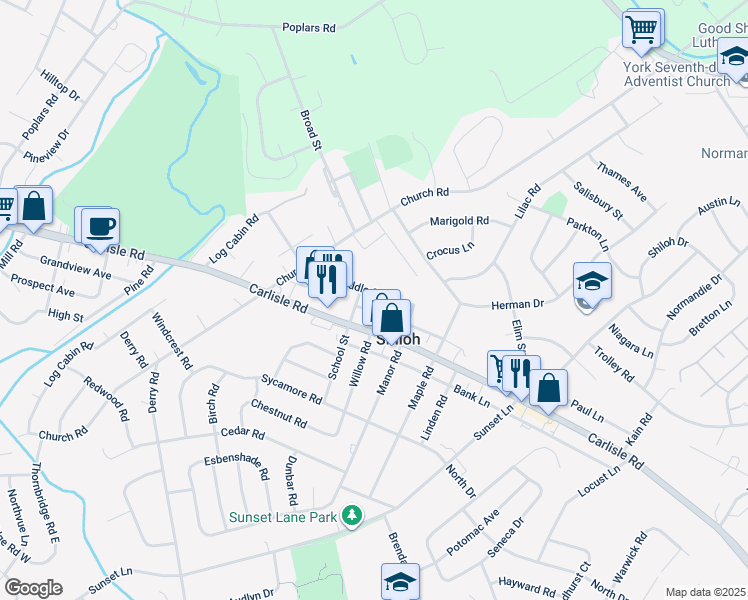 map of restaurants, bars, coffee shops, grocery stores, and more near 2254 Middle Street in York